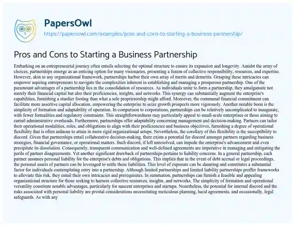 Essay on Pros and Cons to Starting a Business Partnership