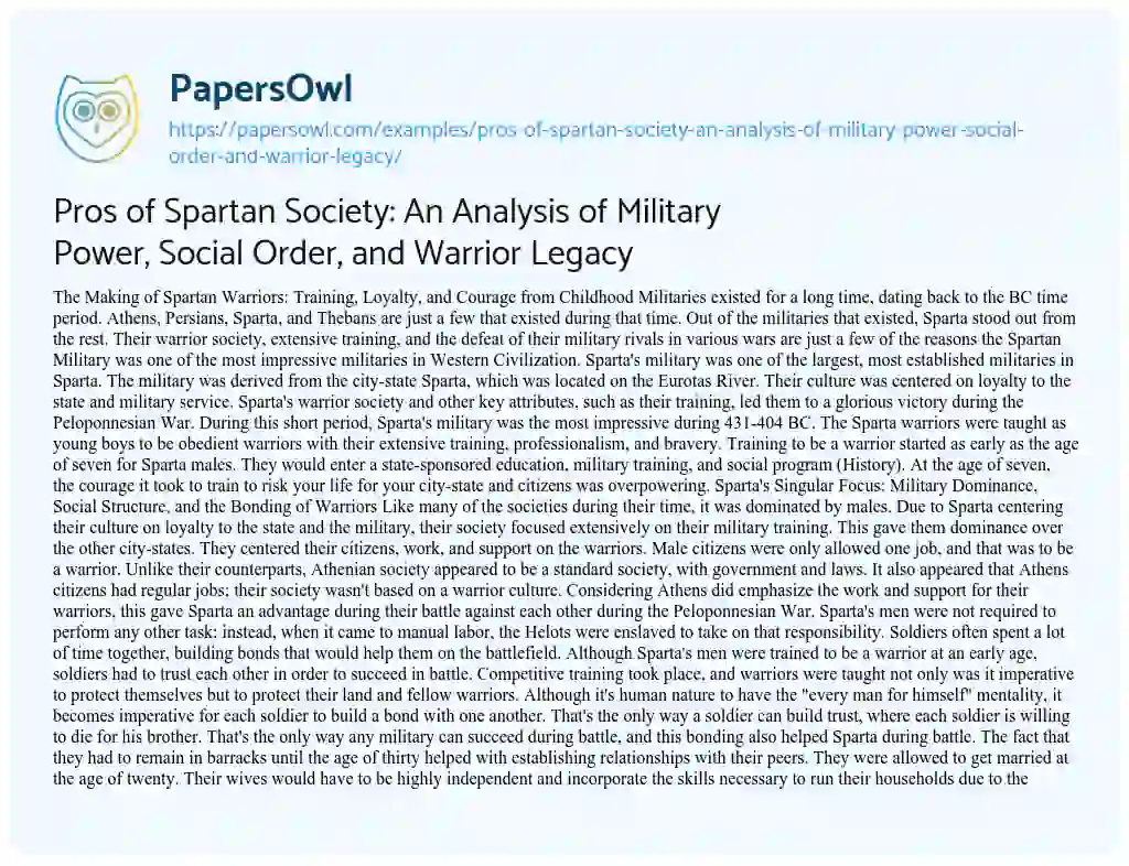 Essay on Pros of Spartan Society: an Analysis of Military Power, Social Order, and Warrior Legacy