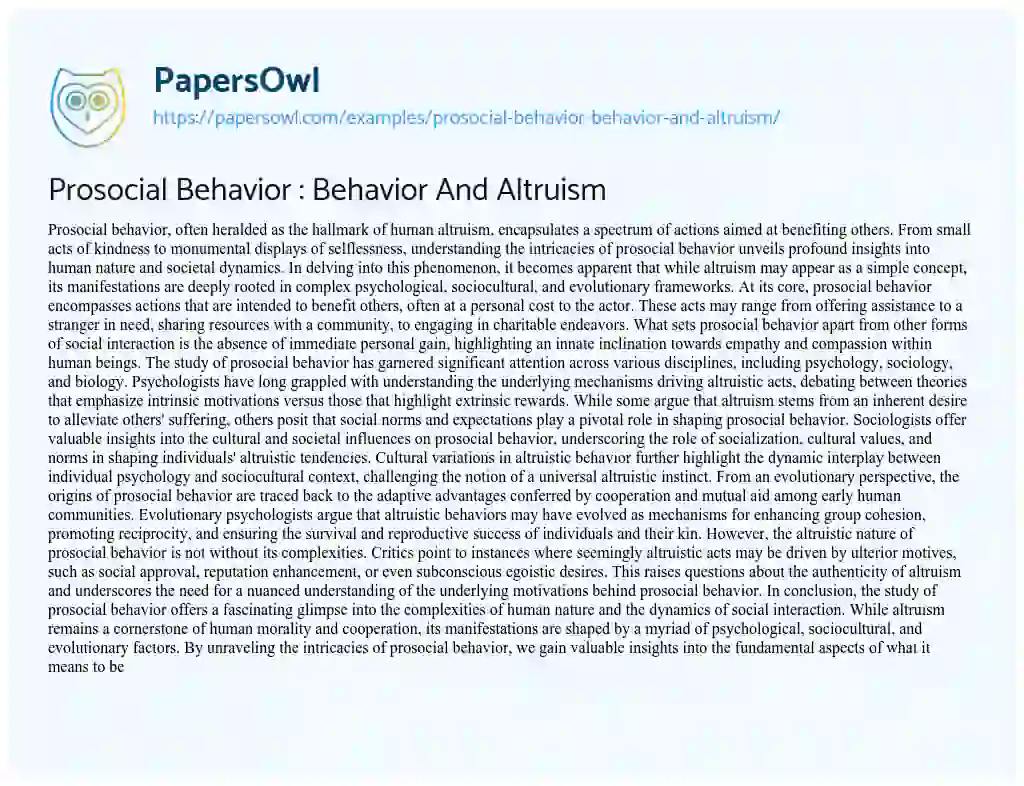 Essay on Prosocial Behavior : Behavior and Altruism
