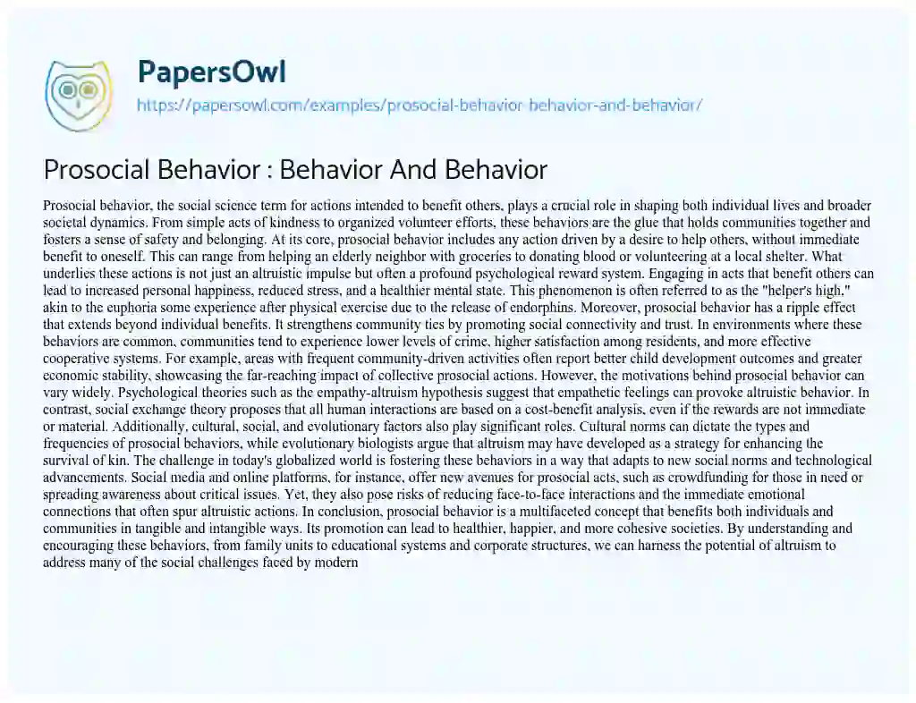 Essay on Prosocial Behavior : Behavior and Behavior