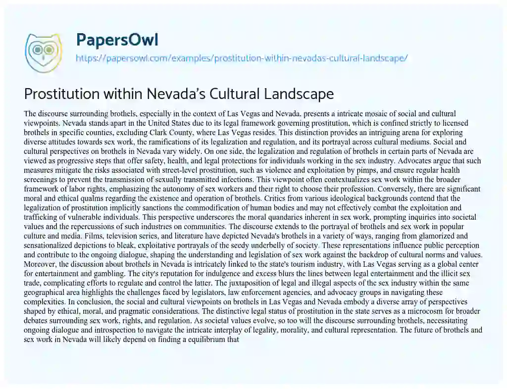 Essay on Prostitution Within Nevada’s Cultural Landscape