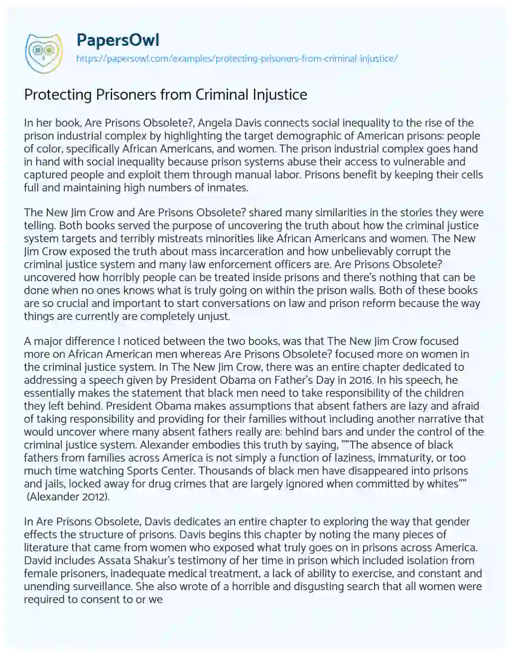 Essay on Protecting Prisoners from Criminal Injustice