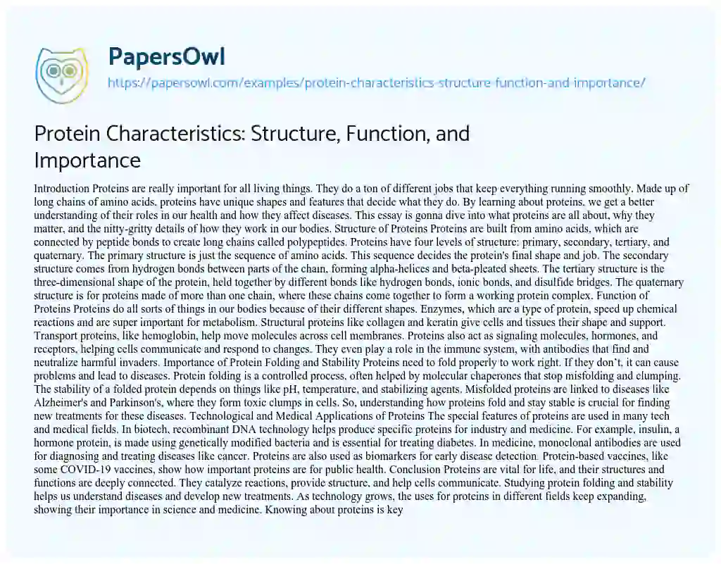 Essay on Protein Characteristics: Structure, Function, and Importance