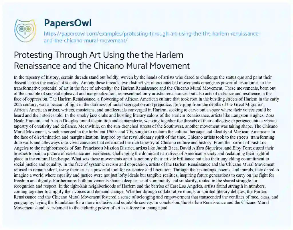Essay on Protesting through Art Using the the Harlem Renaissance and the Chicano Mural Movement