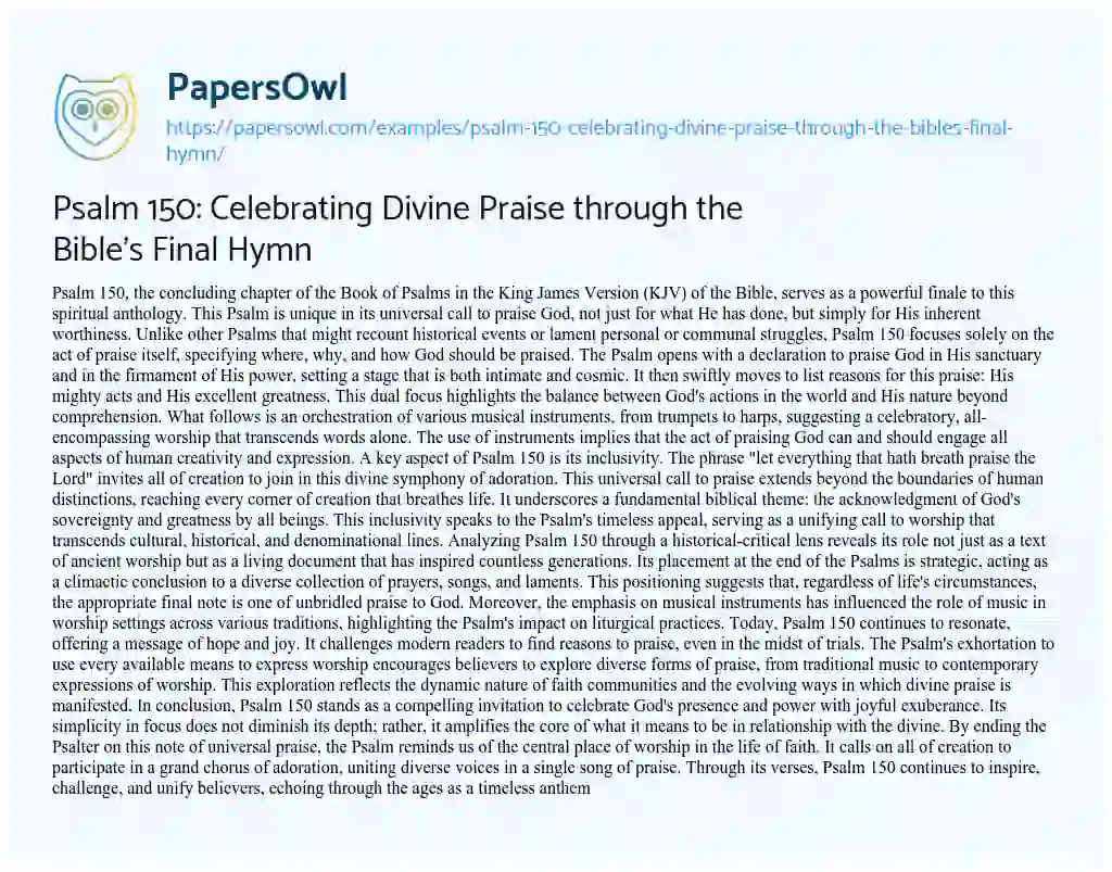 Essay on Psalm 150: Celebrating Divine Praise through the Bible’s Final Hymn