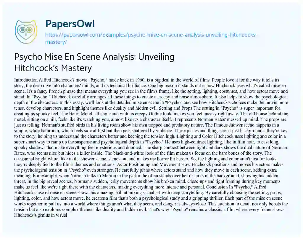 Essay on Psycho Mise En Scene Analysis: Unveiling Hitchcock’s Mastery