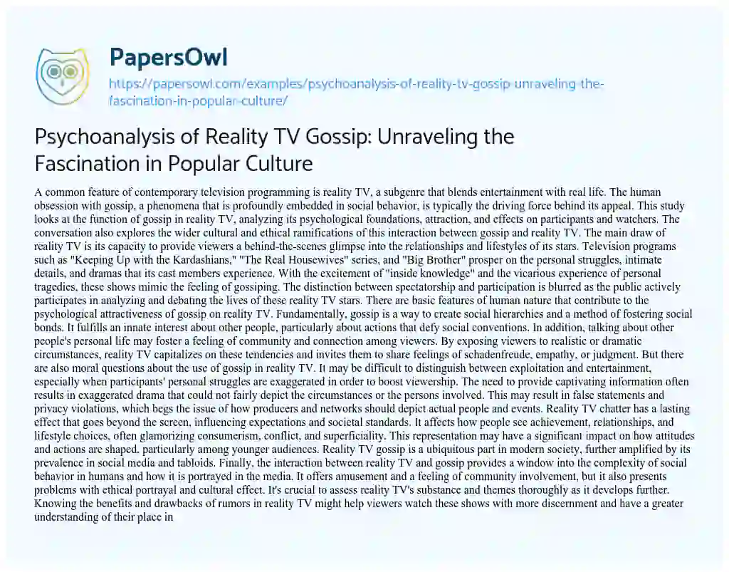 Essay on Psychoanalysis of Reality TV Gossip: Unraveling the Fascination in Popular Culture