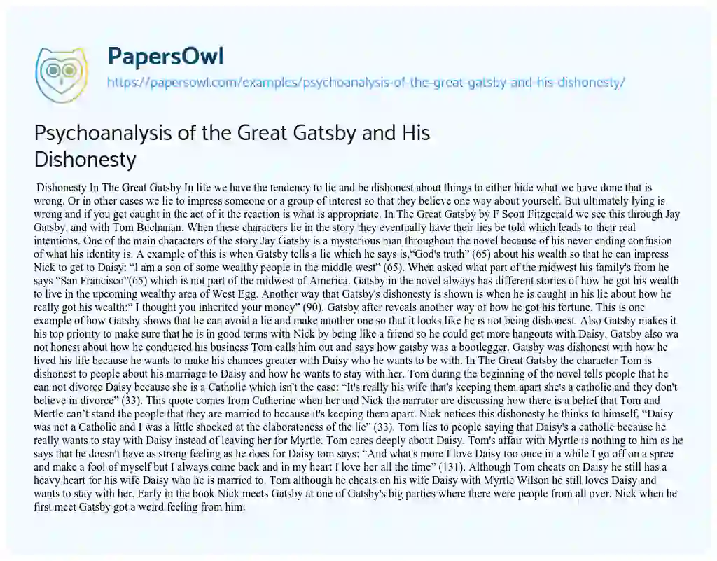 Essay on Psychoanalysis of the Great Gatsby and his Dishonesty