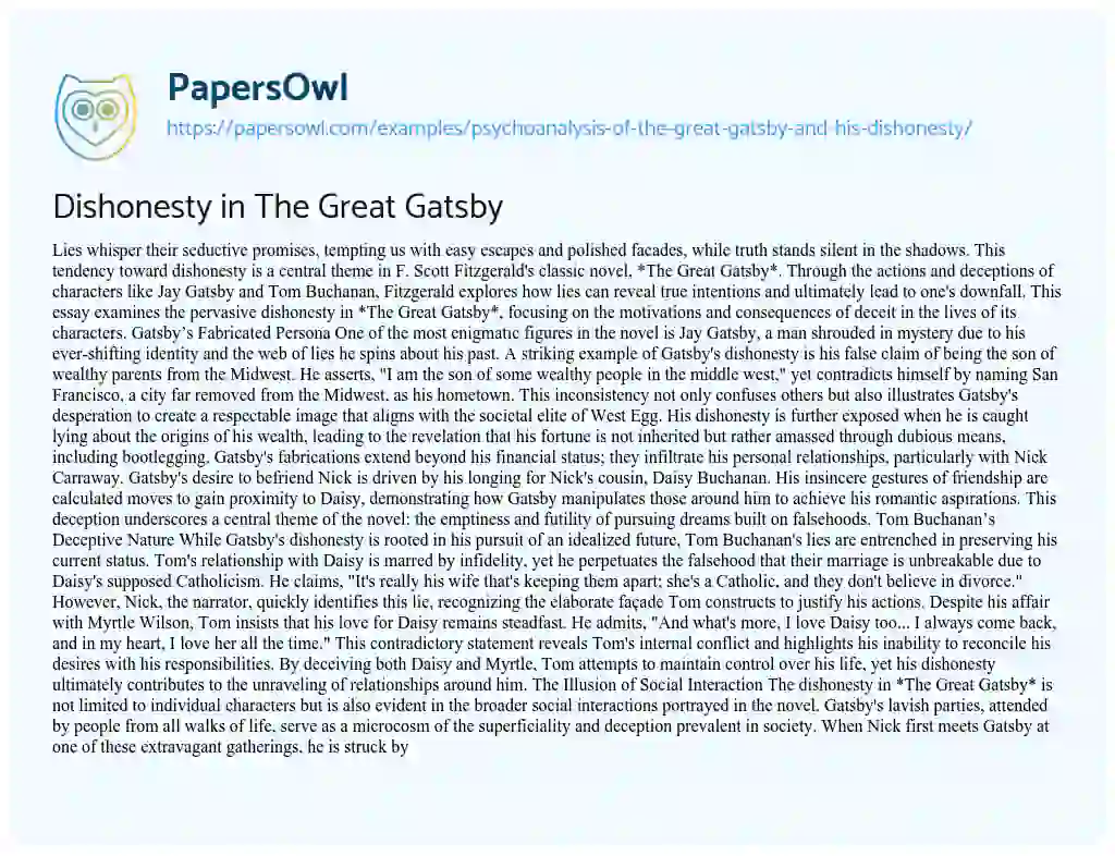 Essay on Psychoanalysis of the Great Gatsby and his Dishonesty