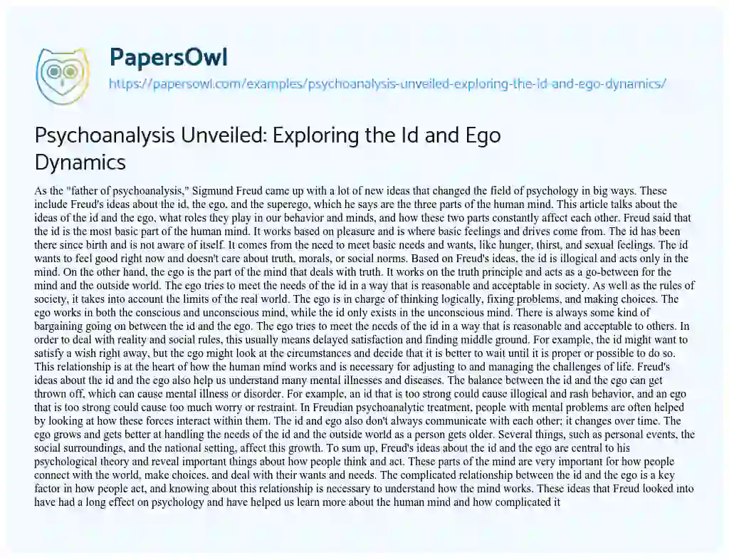 Essay on Psychoanalysis Unveiled: Exploring the Id and Ego Dynamics