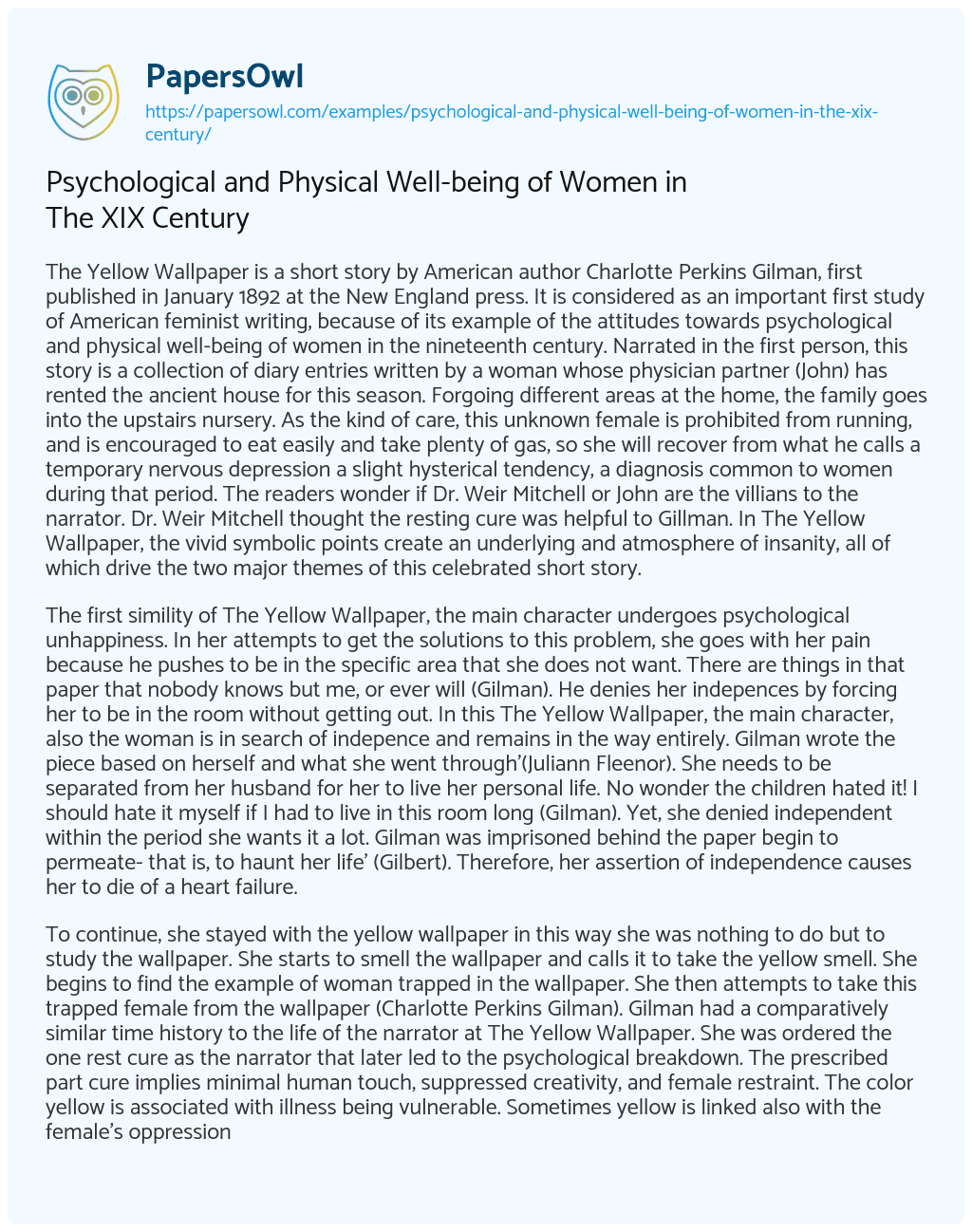 Psychological and Physical Well-being of Women in the XIX Century essay