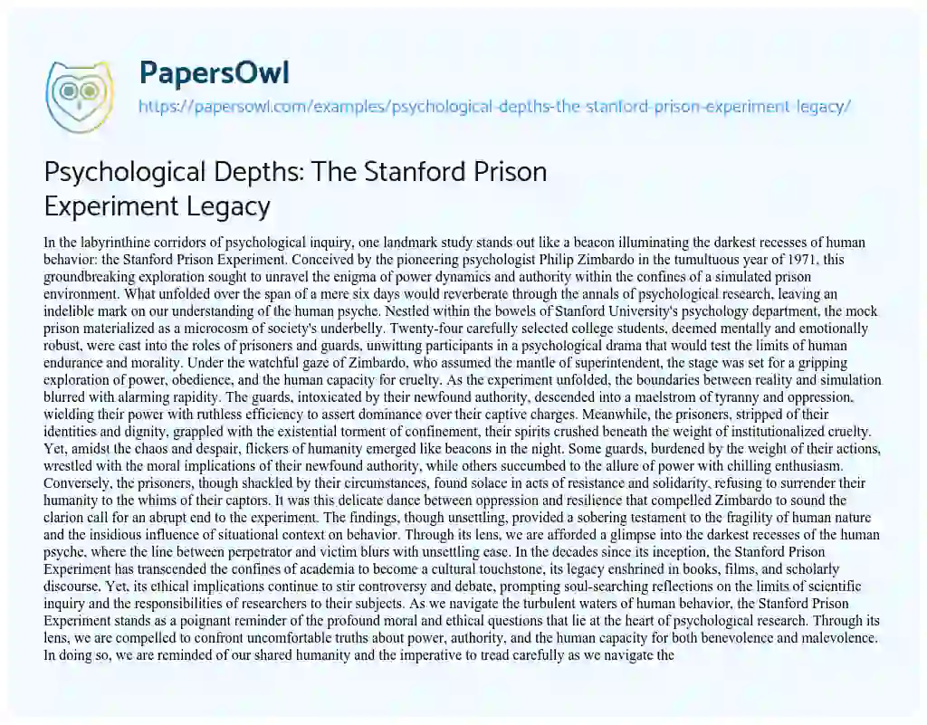 Essay on Psychological Depths: the Stanford Prison Experiment Legacy