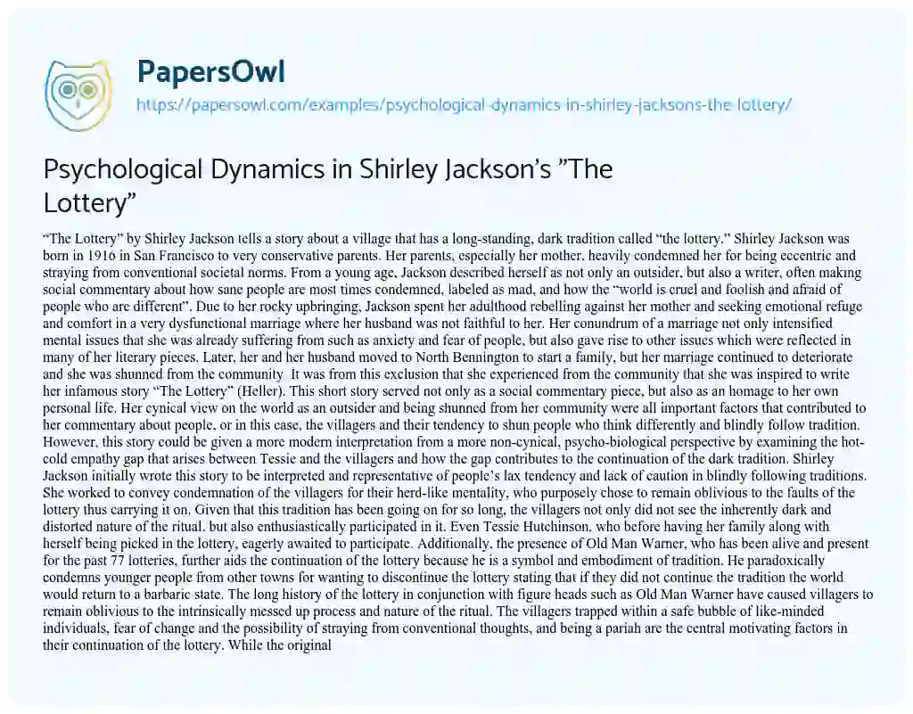 Essay on Psychological Dynamics in Shirley Jackson’s “The Lottery”