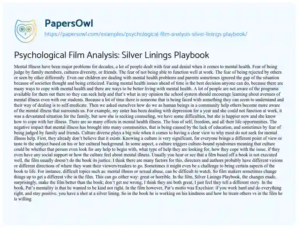 Essay on Psychological Film Analysis: Silver Linings Playbook
