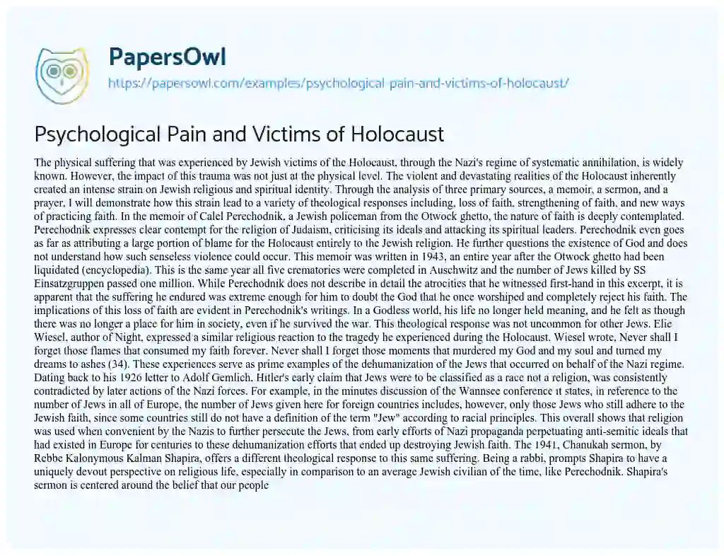 Psychological Pain and Victims of Holocaust essay