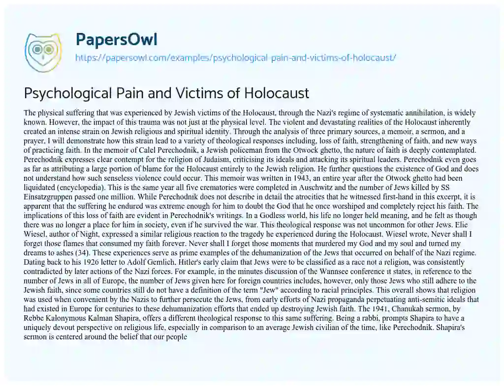 Essay on Psychological Pain and Victims of Holocaust