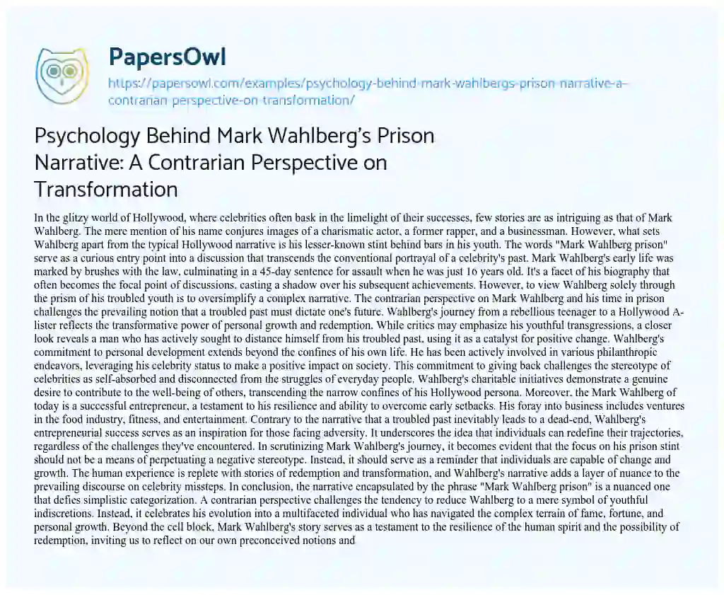 Essay on Psychology Behind Mark Wahlberg’s Prison Narrative: a Contrarian Perspective on Transformation