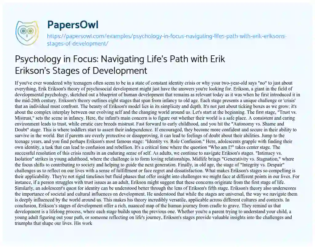 Essay on Psychology in Focus: Navigating Life’s Path with Erik Erikson’s Stages of Development