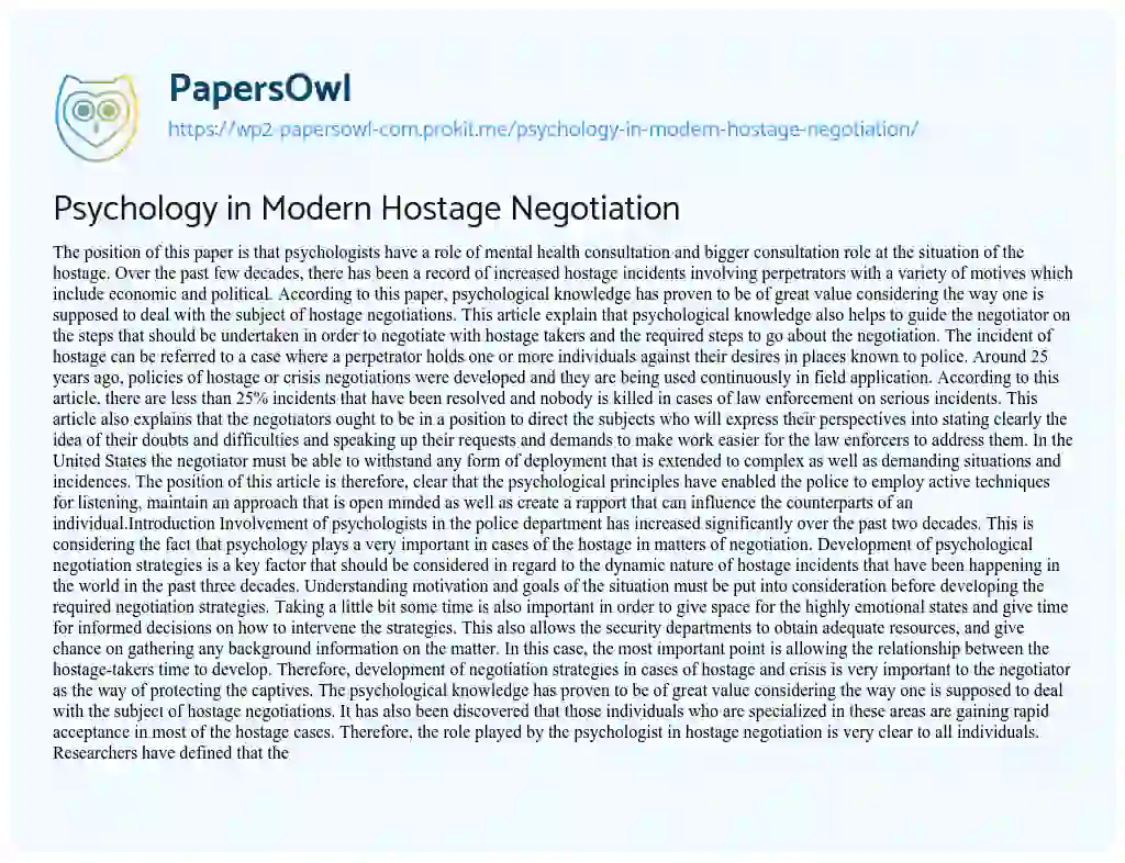 Essay on Psychology in Modern Hostage Negotiation