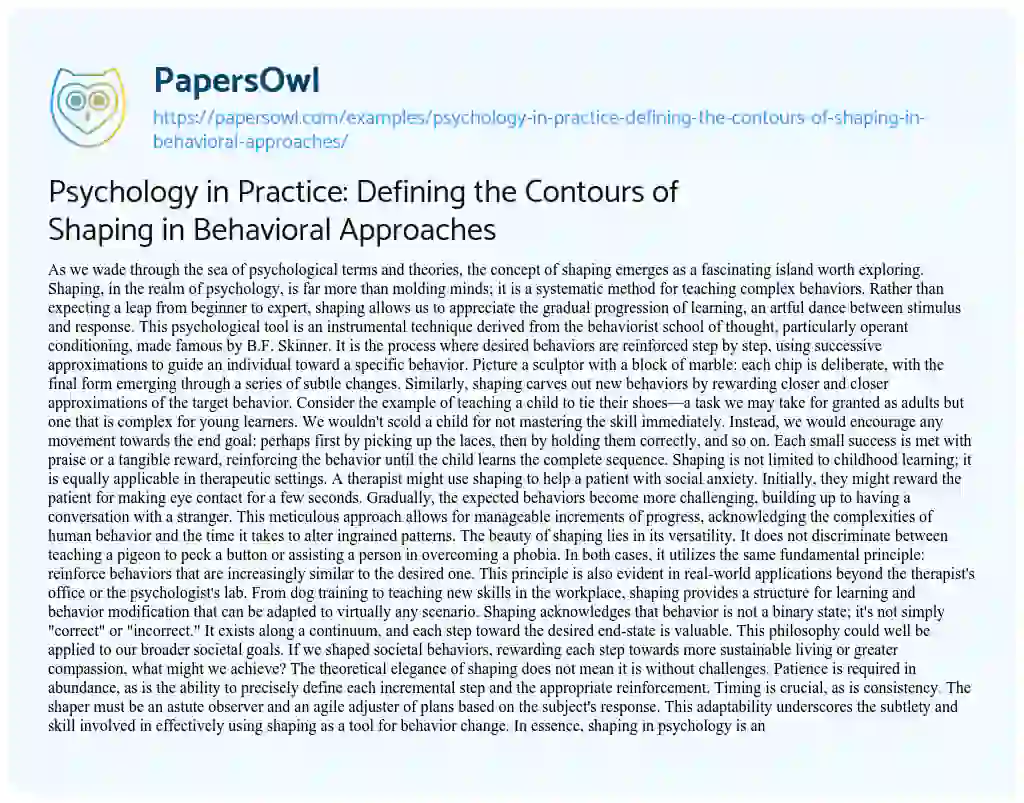 Essay on Psychology in Practice: Defining the Contours of Shaping in Behavioral Approaches