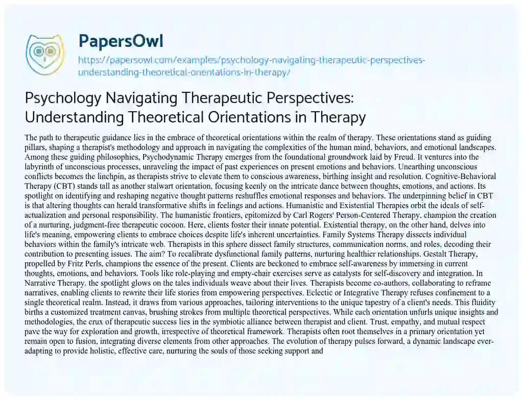 Essay on Psychology Navigating Therapeutic Perspectives: Understanding Theoretical Orientations in Therapy