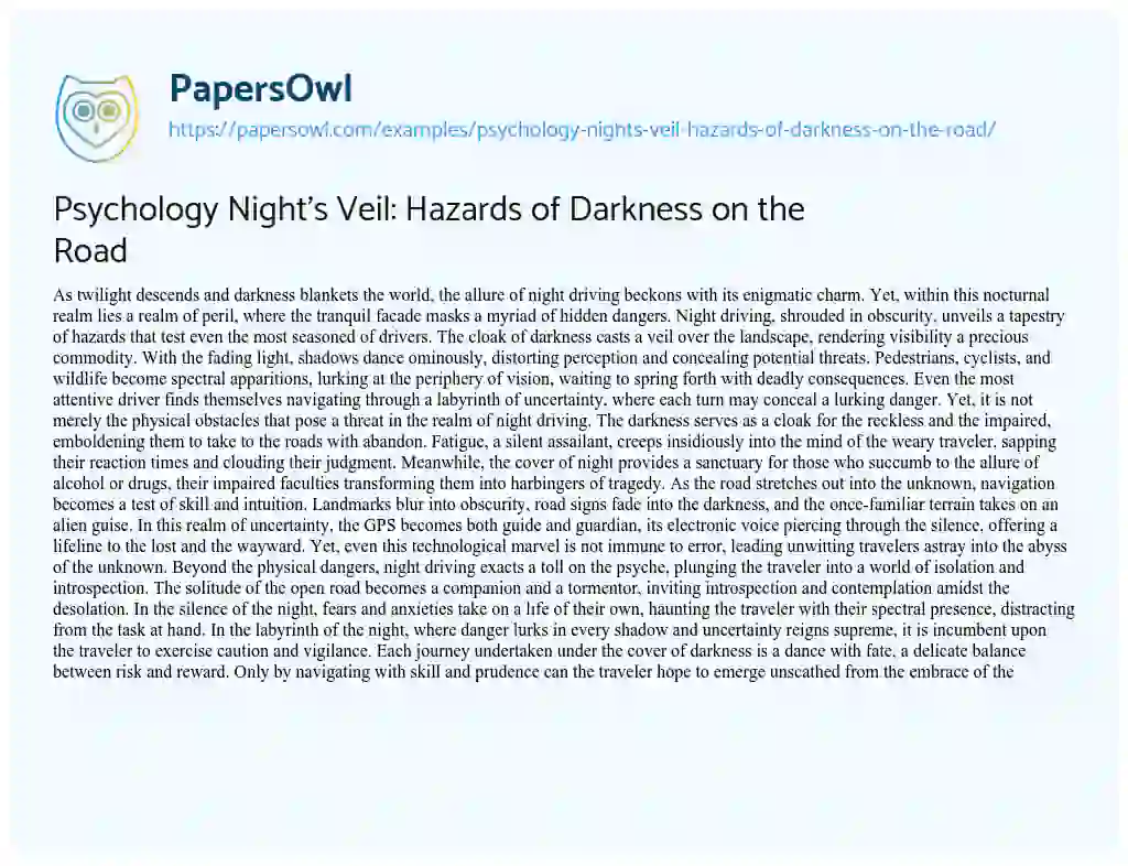 Essay on Psychology Night’s Veil: Hazards of Darkness on the Road