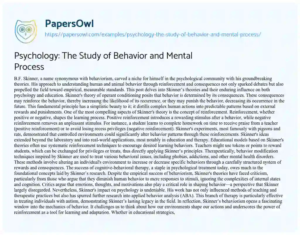Essay on Psychology: the Study of Behavior and Mental Process