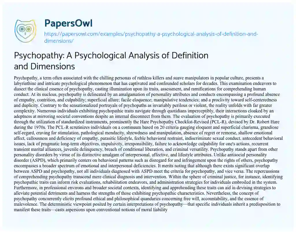 Essay on Psychopathy: a Psychological Analysis of Definition and Dimensions