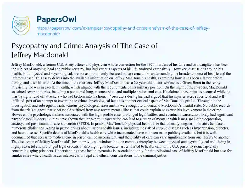 Essay on Psycopathy and Crime: Analysis of the Case of Jeffrey Macdonald