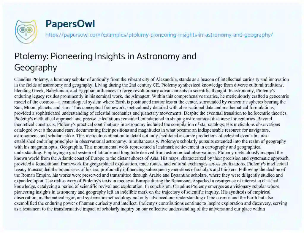 Essay on Ptolemy: Pioneering Insights in Astronomy and Geography