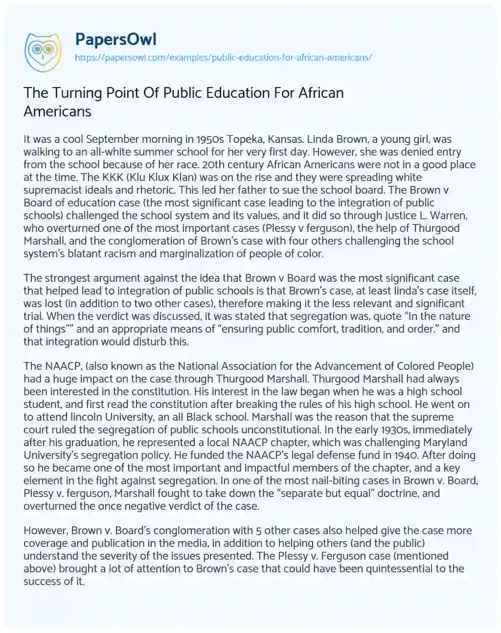 Essay on The Turning Point of Public Education for African Americans