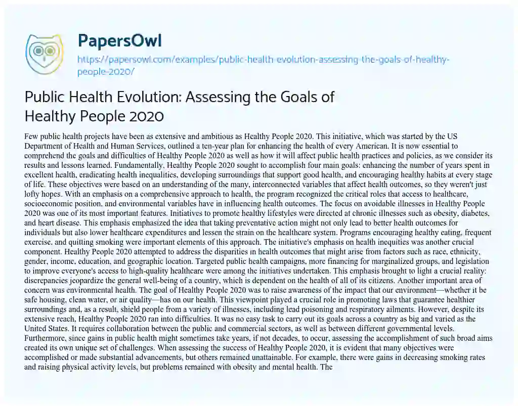 Essay on Public Health Evolution: Assessing the Goals of Healthy People 2020