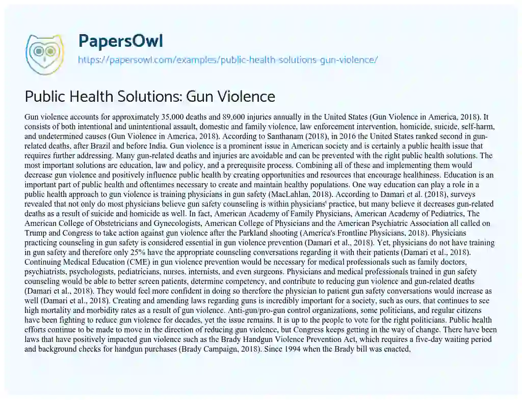 Essay on Public Health Solutions: Gun Violence