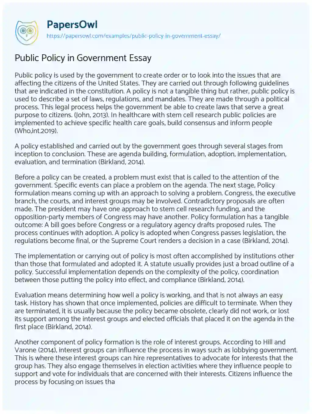 Public Policy in Government Essay essay