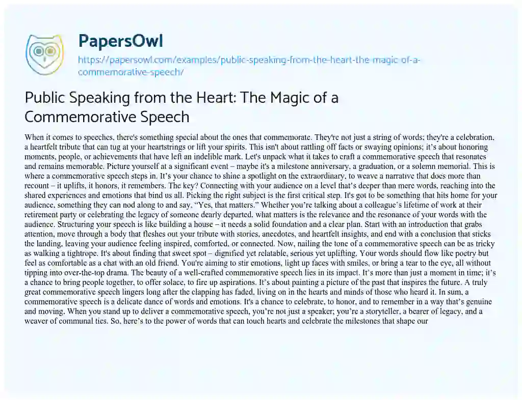 Essay on Public Speaking from the Heart: the Magic of a Commemorative Speech
