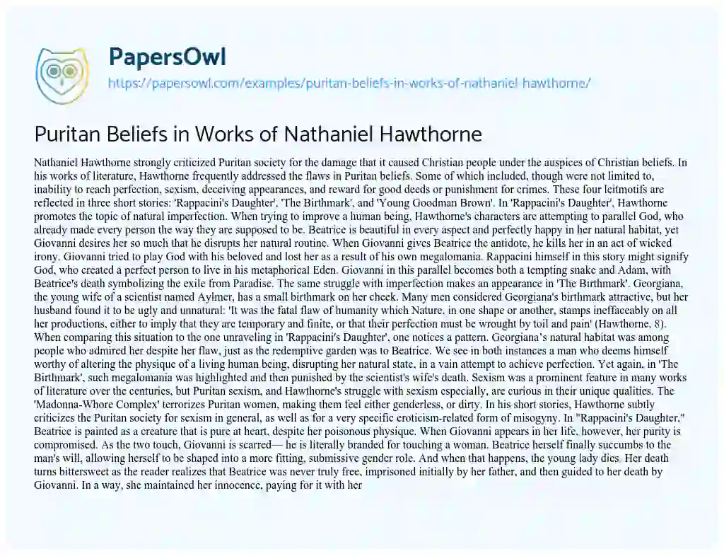 Puritan Beliefs in Works of Nathaniel Hawthorne essay