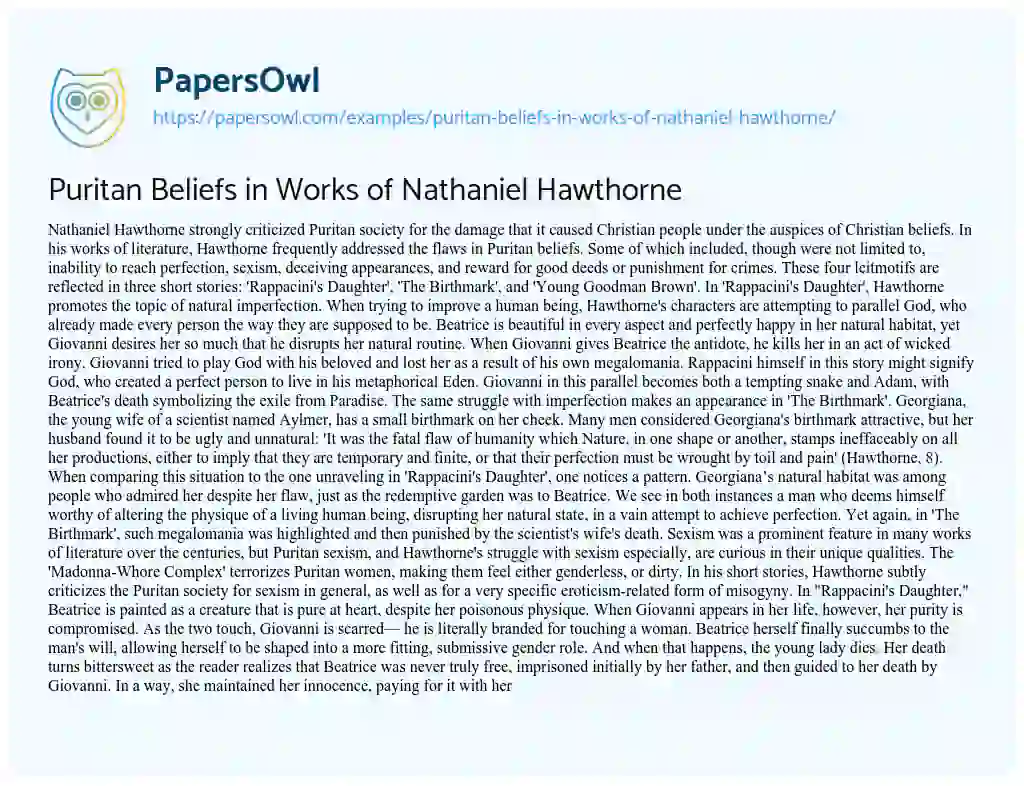 Essay on Puritan Beliefs in Works of Nathaniel Hawthorne