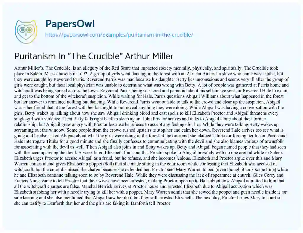 Essay on Puritanism in “The Crucible” Arthur Miller