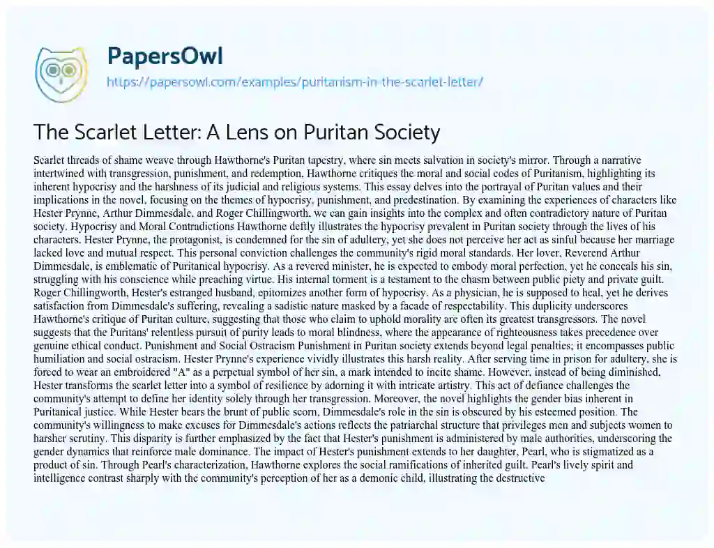 Essay on Puritanism in the Scarlet Letter