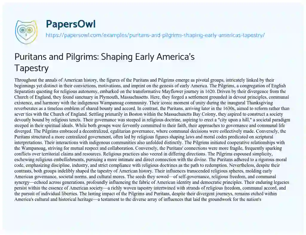 Essay on Puritans and Pilgrims: Shaping Early America’s Tapestry