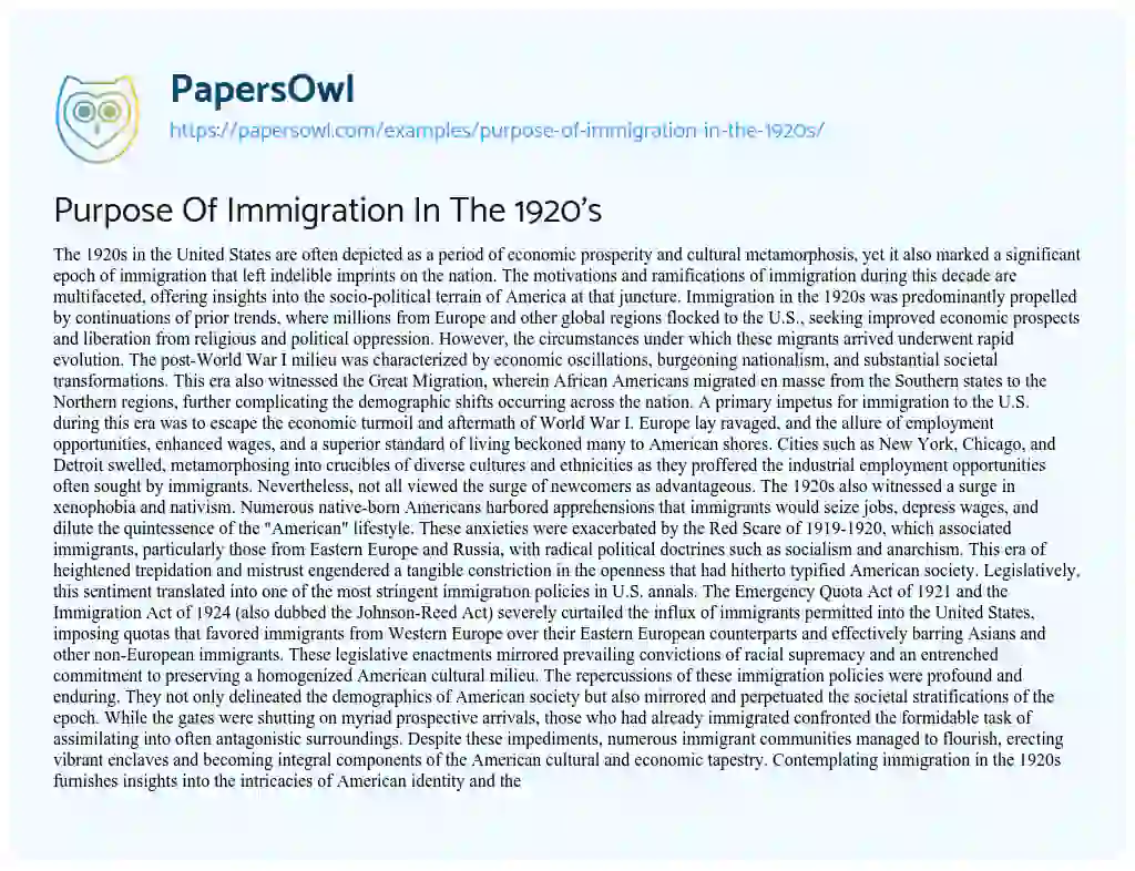 Essay on Purpose of Immigration in the 1920’s