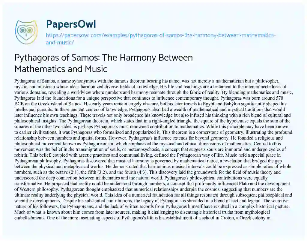 Essay on Pythagoras of Samos: The Harmony Between Mathematics and Music