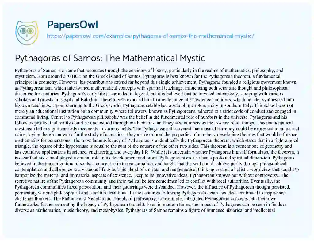 Essay on Pythagoras of Samos: The Mathematical Mystic