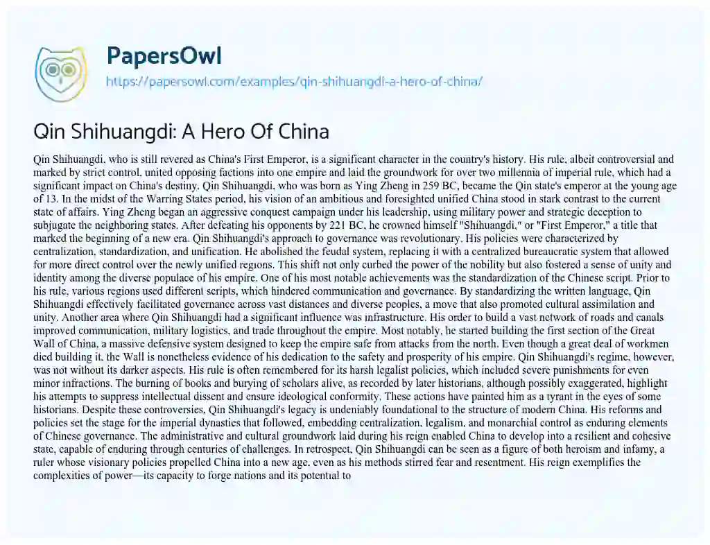 Essay on Qin Shihuangdi: a Hero of China