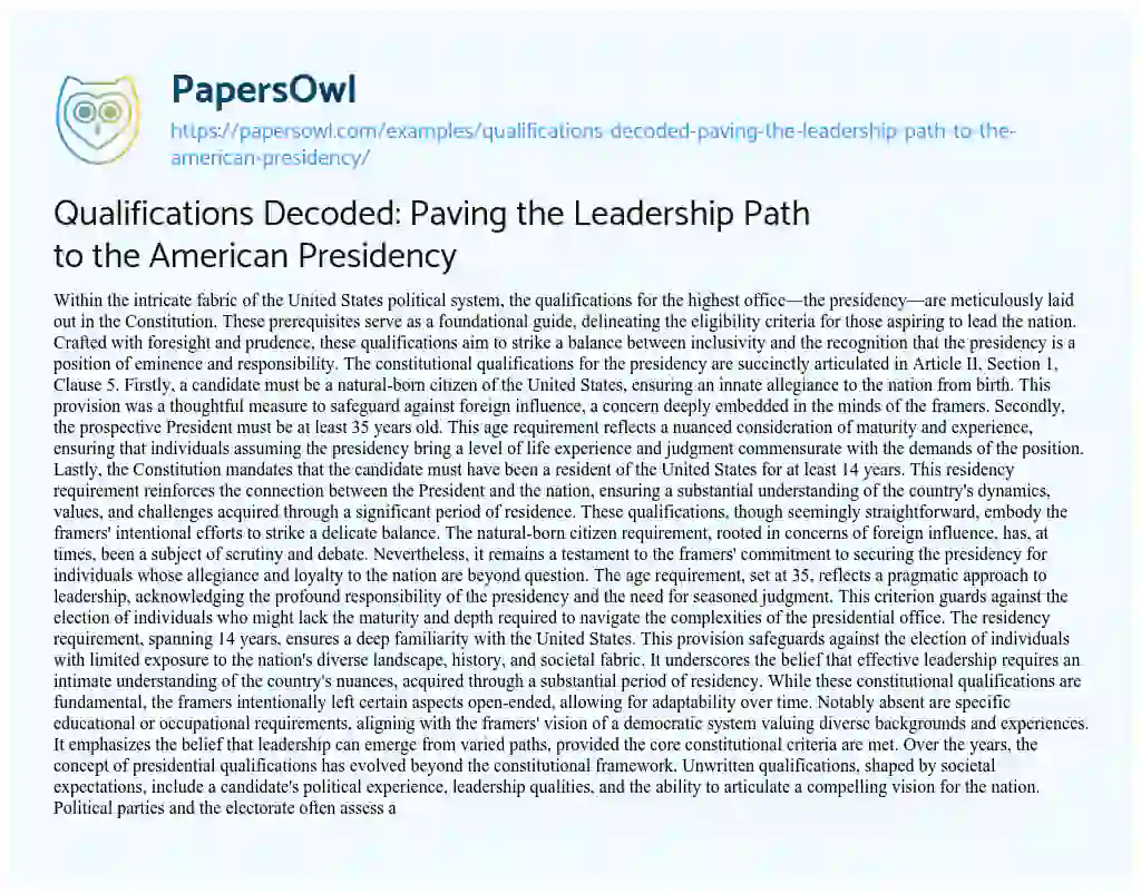 Essay on Qualifications Decoded: Paving the Leadership Path to the American Presidency