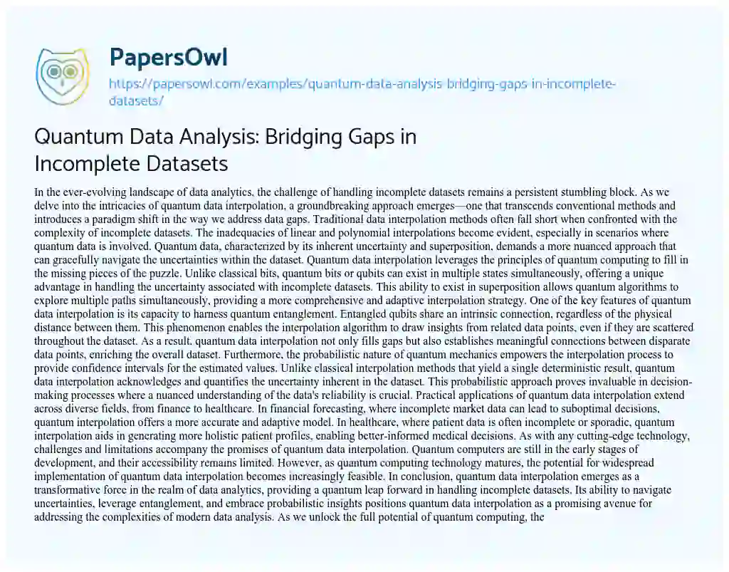 Essay on Quantum Data Analysis: Bridging Gaps in Incomplete Datasets