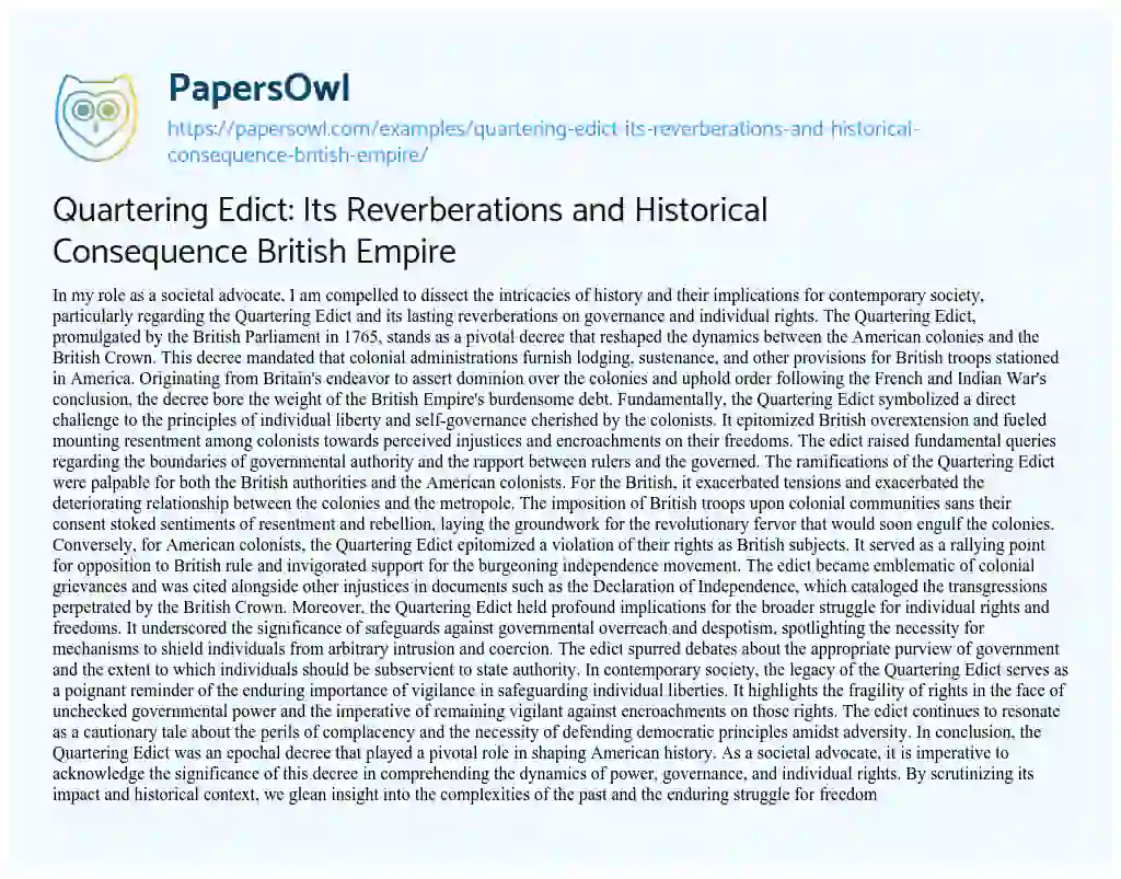 Essay on Quartering Edict: its Reverberations and Historical Consequence British Empire