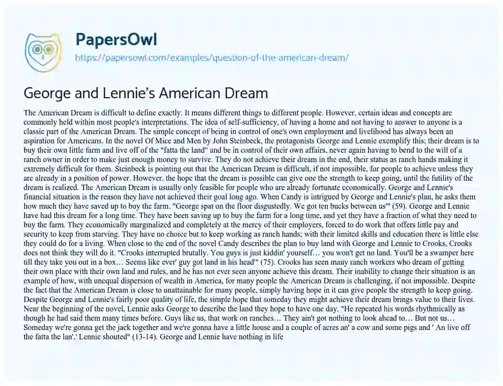 George and Lennie’s American Dream essay
