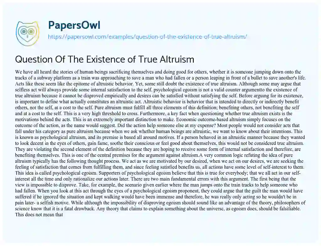 Question of the Existence of True Altruism essay
