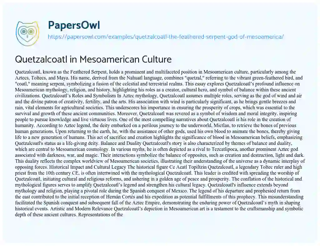 Essay on Quetzalcoatl in Mesoamerican Culture